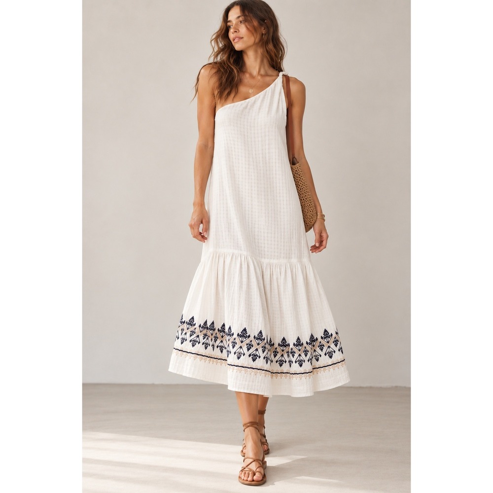 Roller Rabbit White One Shoulder Embroidered Cotton Maxi Dress S Coastal Resort